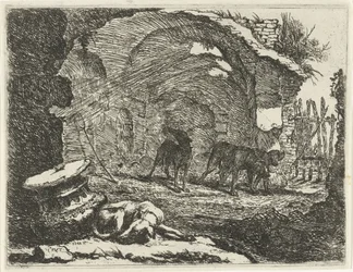 Fire hunde ved en ruin